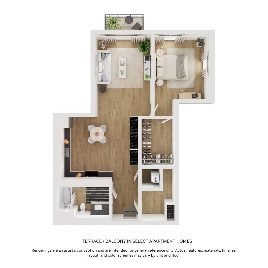 Floor plan for 1 bed, 1 bath, 766 sqft